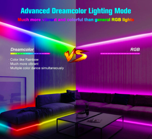 KIT tira LED SMD5050 RGB, 5m (30 Led/m), RGBIC - IP65 -Control que reacciona a la música y aplicación Dreamcolor con Bluetooth  y WIFI inteligente -Adaptador 3A