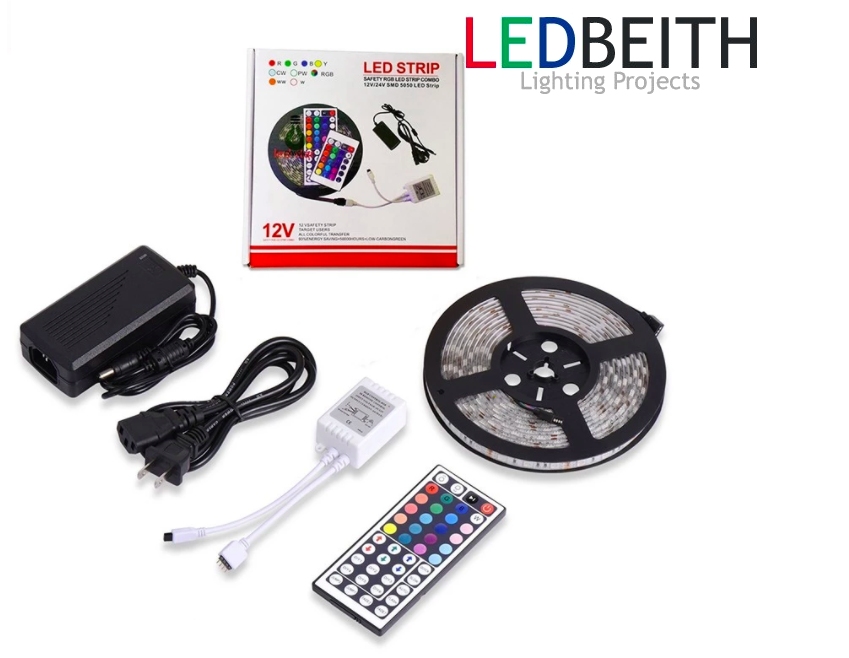 KIT Tira de led de 5m con controlador 44 opciones IR mas fuente de alimentación de 12V 5A.