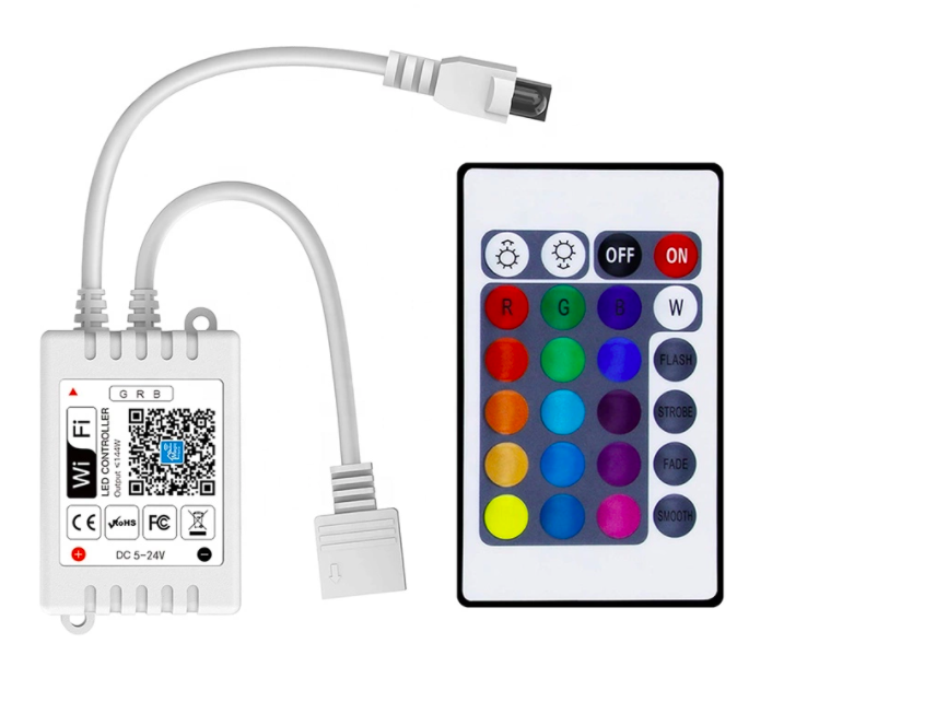 Controlador LED inteligente WiFi RGB, mas control remoto de 24 teclas, compatible con Amazon Alexa/Asistente de Google para tira de luz LED 5050