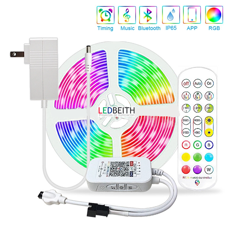 KIT tira LED SMD5050 RGB, 5m (30 Led/m), RGBIC - IP65 -Control que reacciona a la música y aplicación Dreamcolor con Bluetooth  y WIFI inteligente -Adaptador 3A